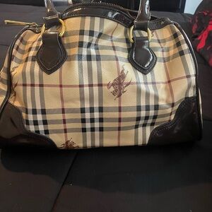 Burberry Checkered Duffel Bag in Cream and Dark Brown